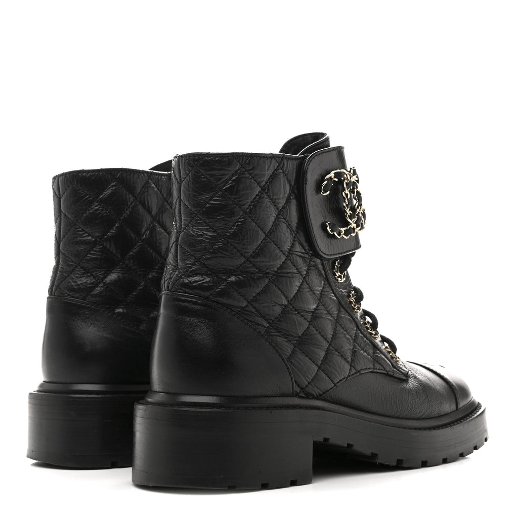 Chanel Shiny Goatskin Calfskin Quilted Lace Up Combat Boots 37 Black