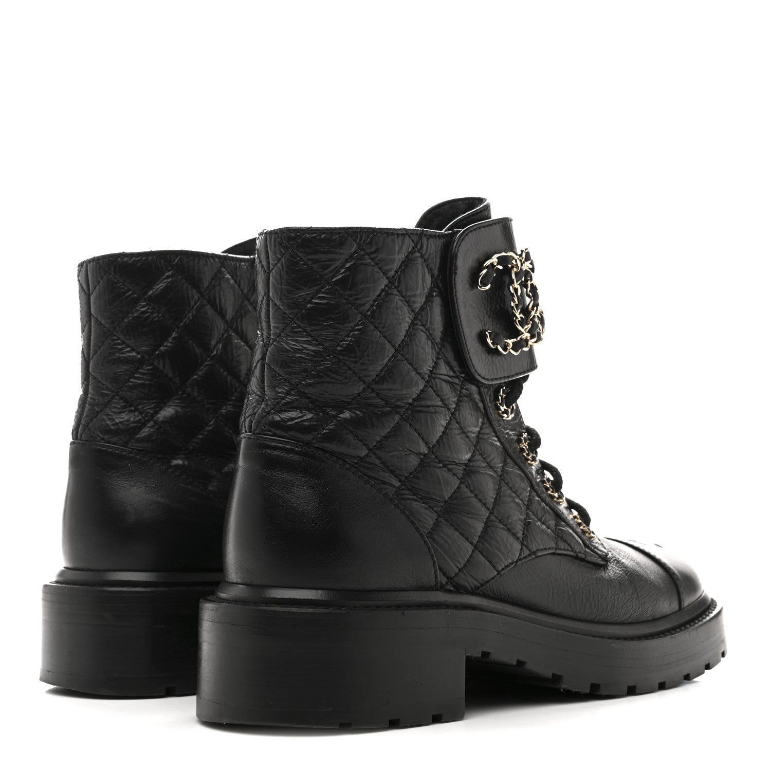 Chanel Shiny Goatskin Calfskin Quilted Lace Up Combat Boots 37 Black