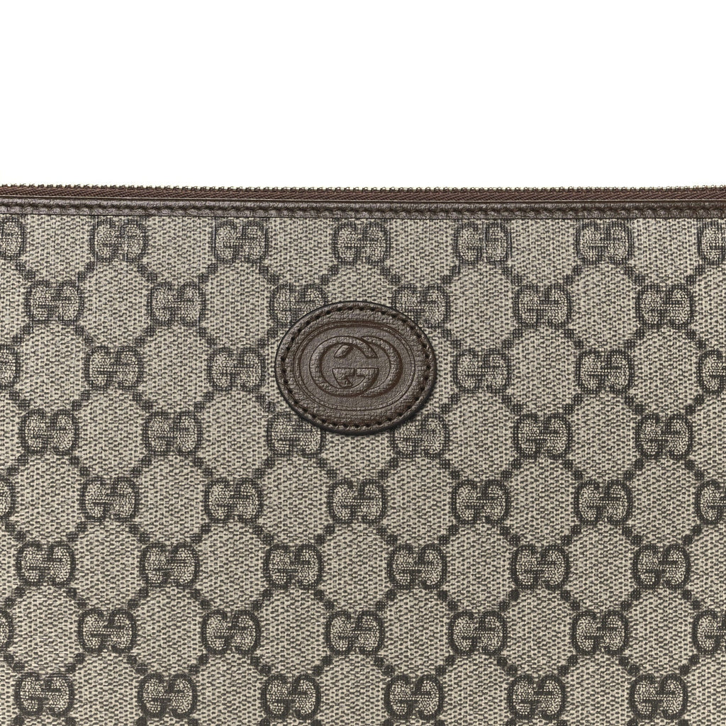 Gucci GG Supreme Monogram Azalea Calfskin Retro Interlocking G Wristlet Pouch Beige Ebony Brown Sugar