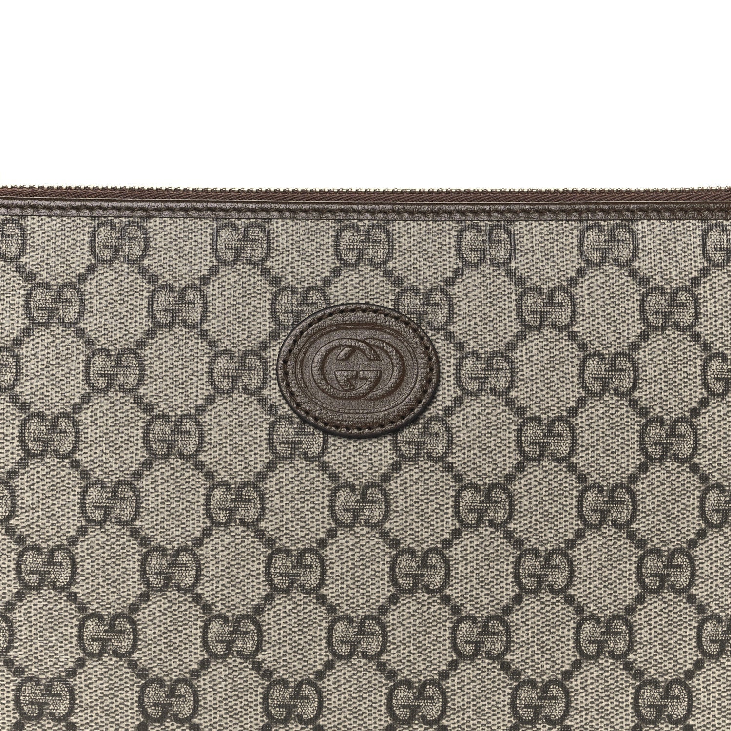 Gucci GG Supreme Monogram Azalea Calfskin Retro Interlocking G Wristlet Pouch Beige Ebony Brown Sugar