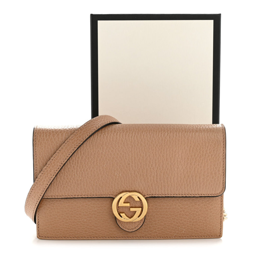 Gucci Dollar Calfskin Interlocking G Chain Wallet Camelia