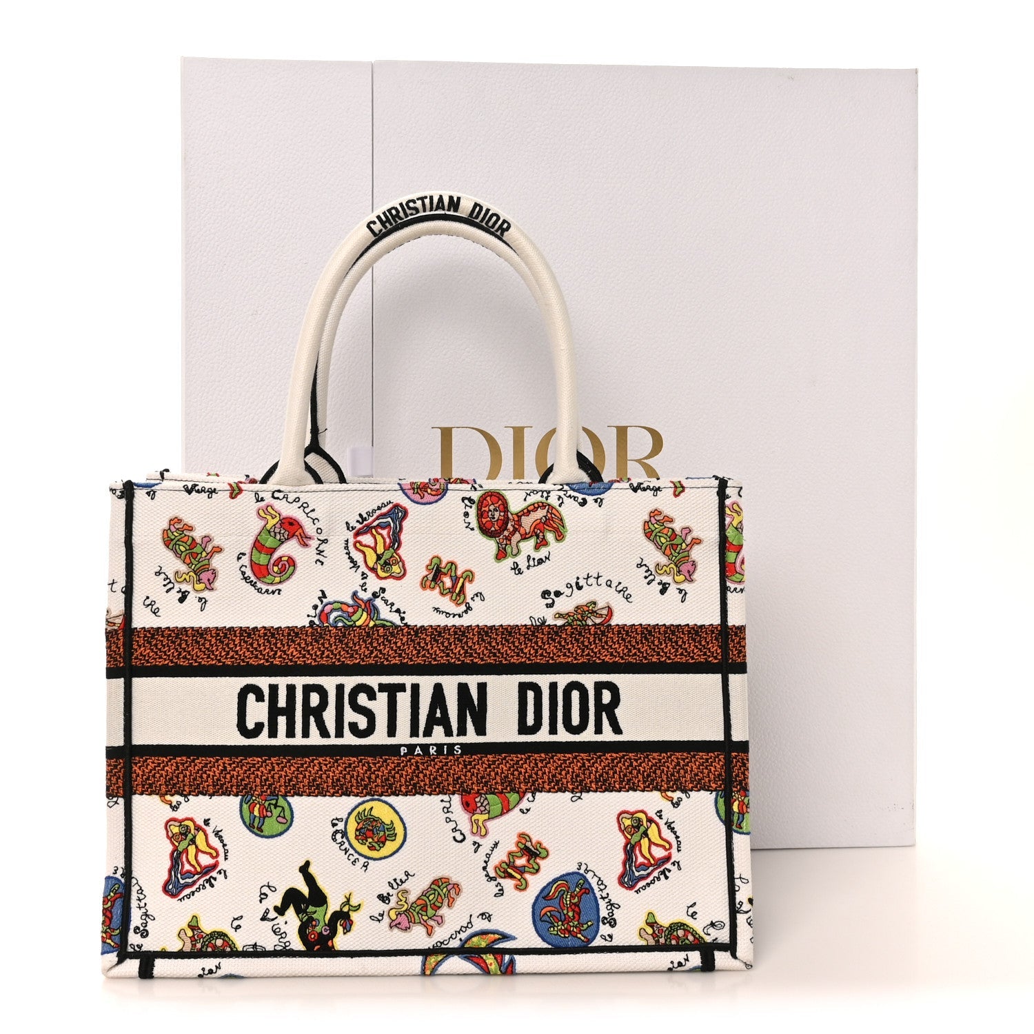 Christian Dior Canvas Embroidered Dragon Zodiac Medium Book Tote White Multicolor