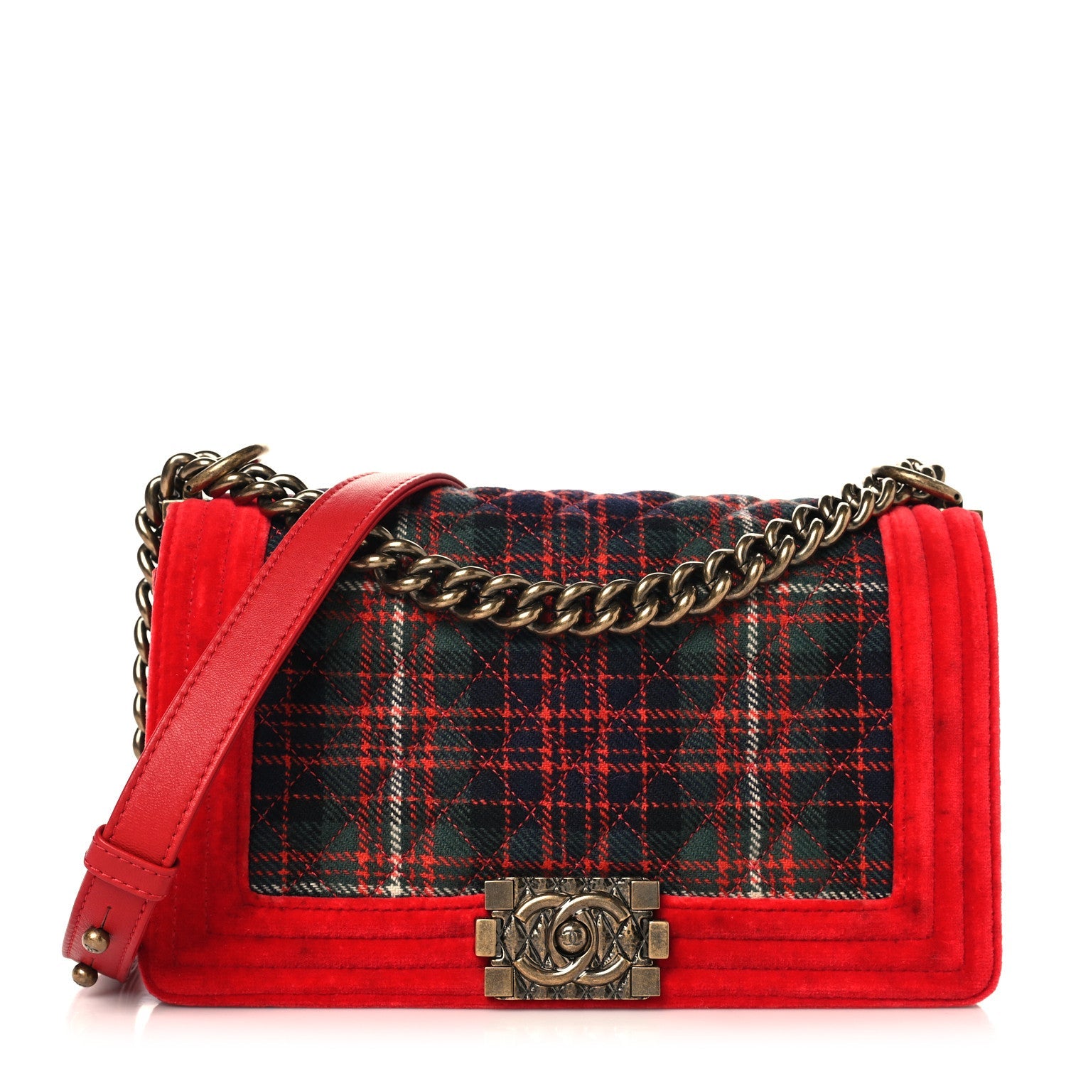 Chanel Velvet Plaid Tartan Quilted Medium Boy Flap Red