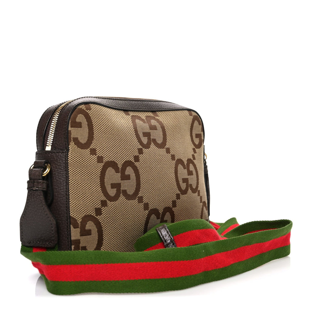 Gucci Monogram Jumbo GG Textured Dollar Calfskin Web Messenger Shoulder Bag Camel Ebony New Acero