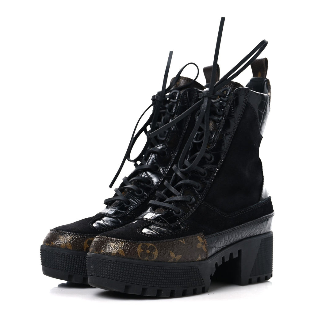 Louis Vuitton Suede Crocodile Embossed Calfskin Monogram Laureate Platform Desert Boots 36 Black