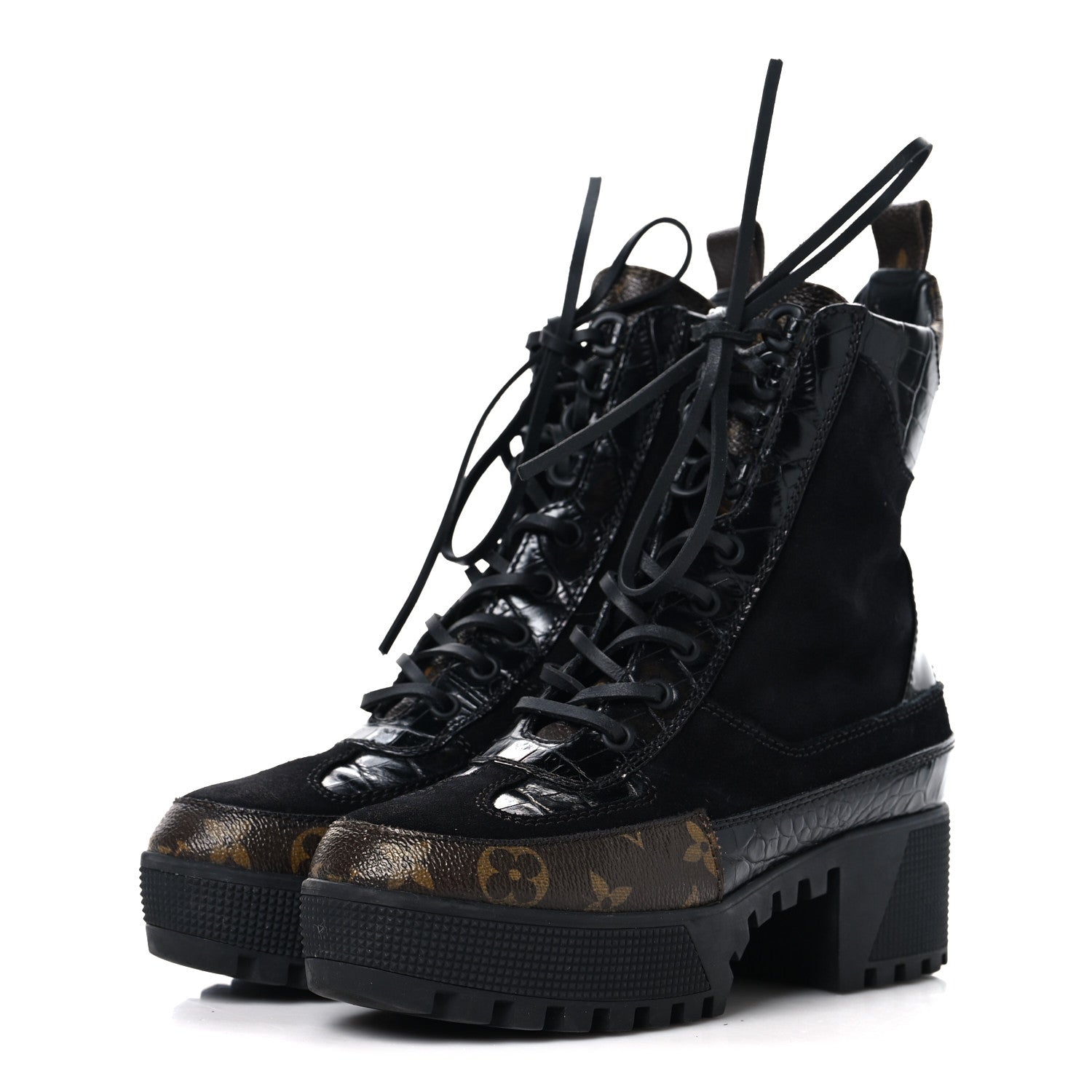 Louis Vuitton Suede Crocodile Embossed Calfskin Monogram Laureate Platform Desert Boots 36 Black