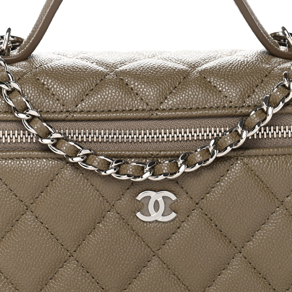 Chanel Caviar Quilted Top Handle Slim Vanity With Chain Dark Khaki