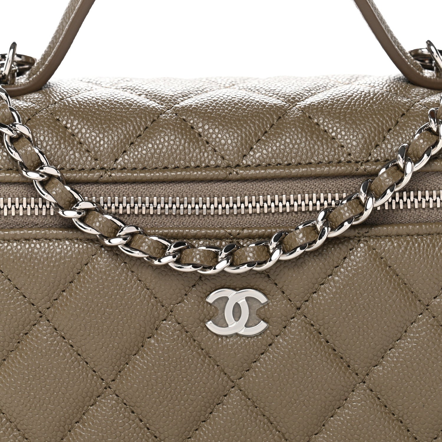 Chanel Caviar Quilted Top Handle Slim Vanity With Chain Dark Khaki