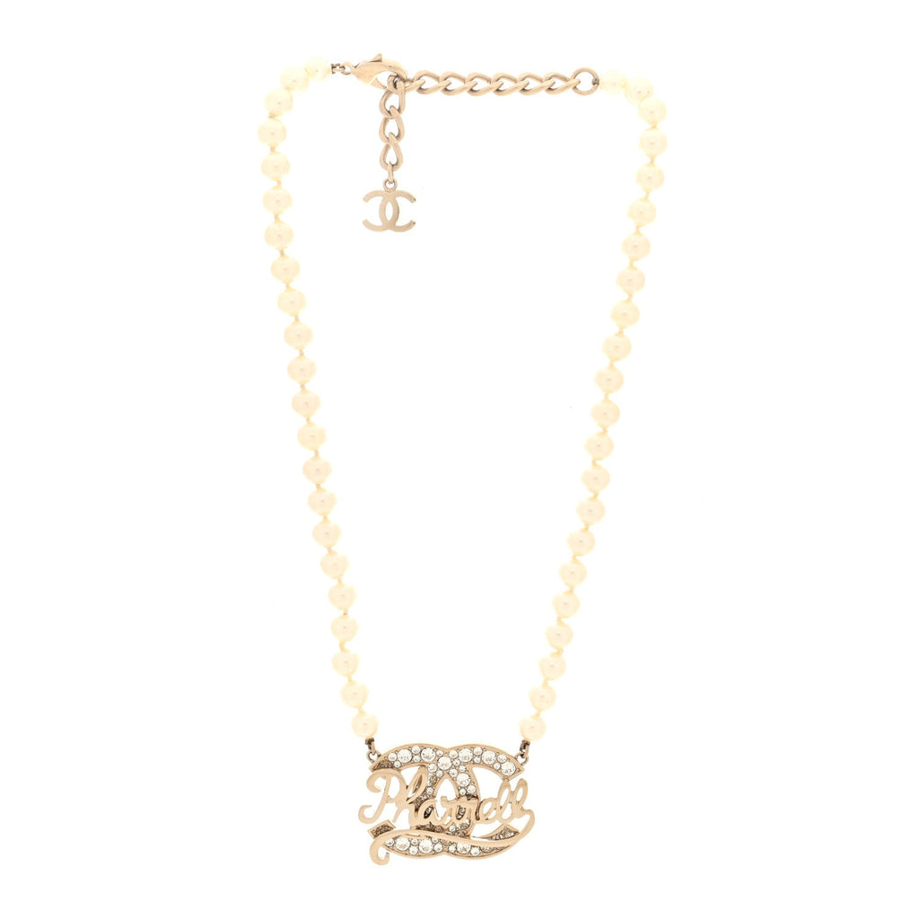 Chanel x Pharrell Williams Pearl Crystal CC Necklace Gold White
