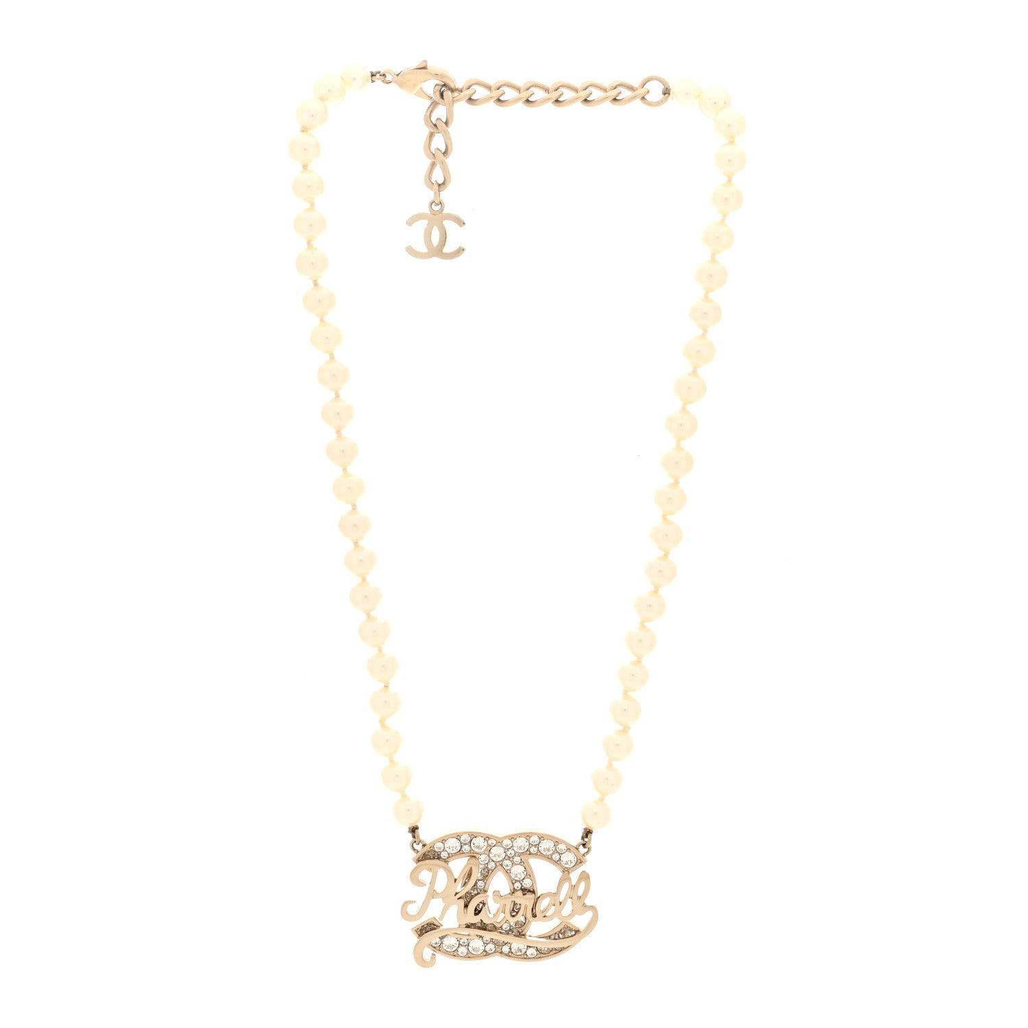 Chanel x Pharrell Williams Pearl Crystal CC Necklace Gold White