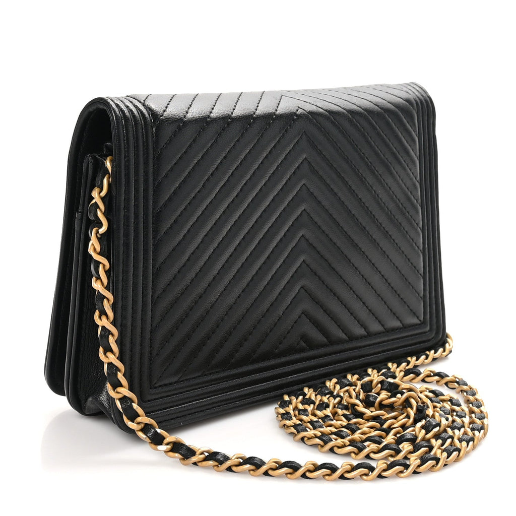 Chanel Lambskin Chevron Boy Wallet On Chain WOC Black