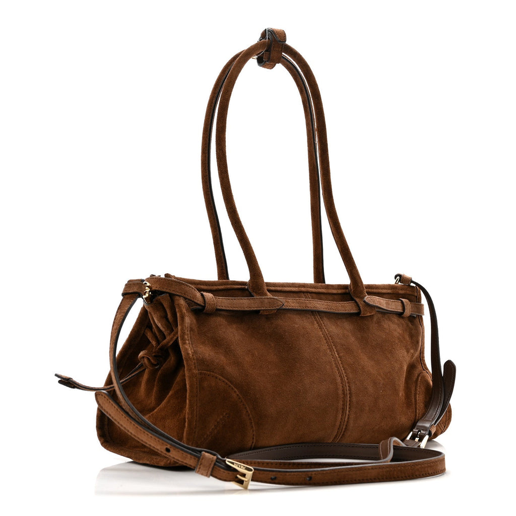 Prada Suede Triangle Medium Bonnie Shoulder Bag Cacao