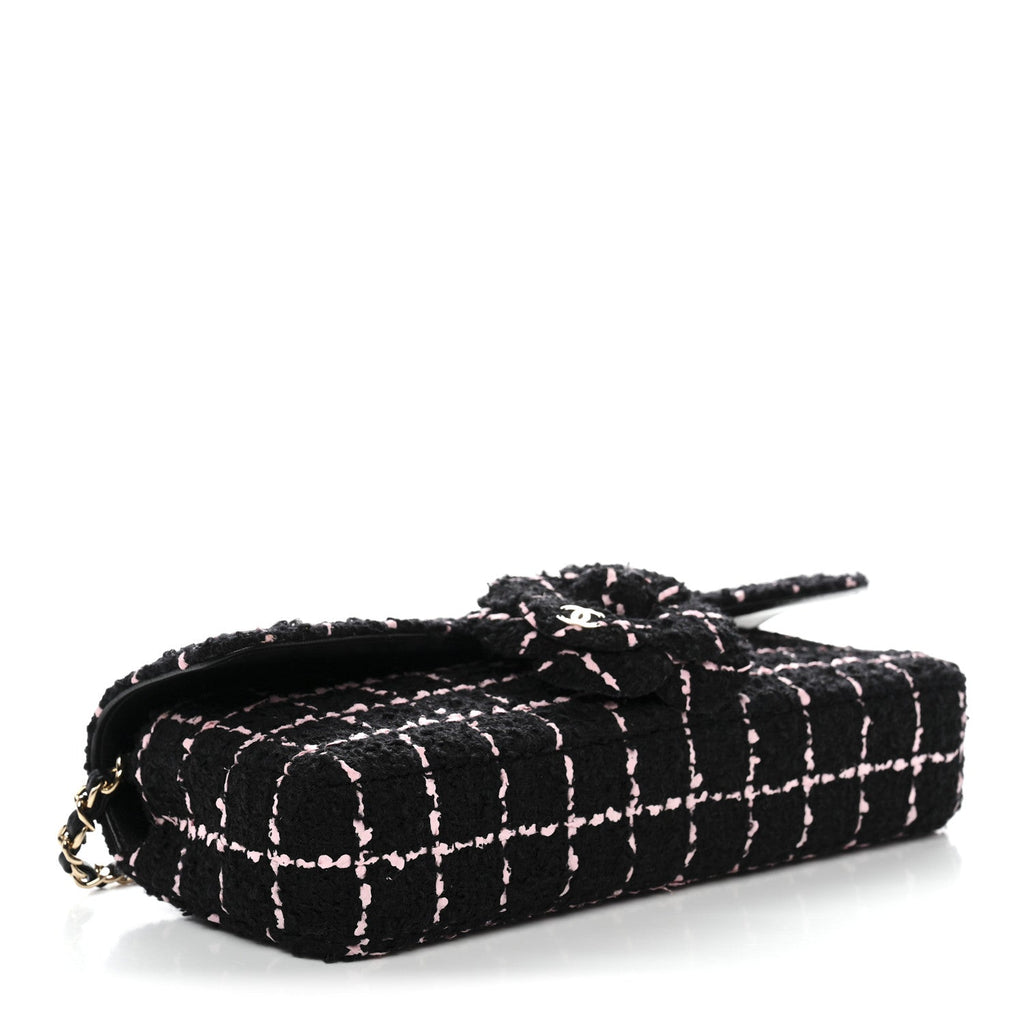 Chanel Tweed Quilted East West Camellia Clutch Black Pink