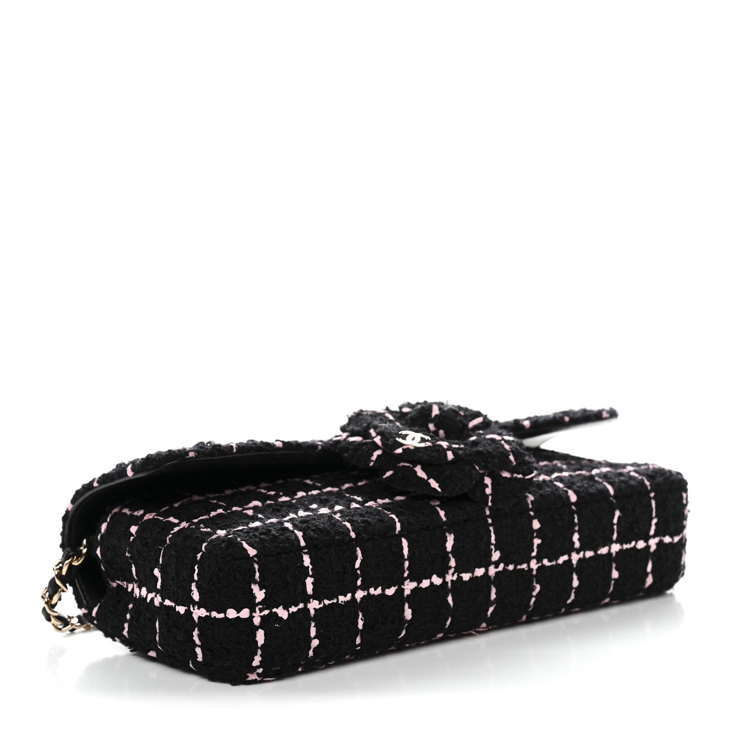 Chanel Tweed Quilted East West Camellia Clutch Black Pink