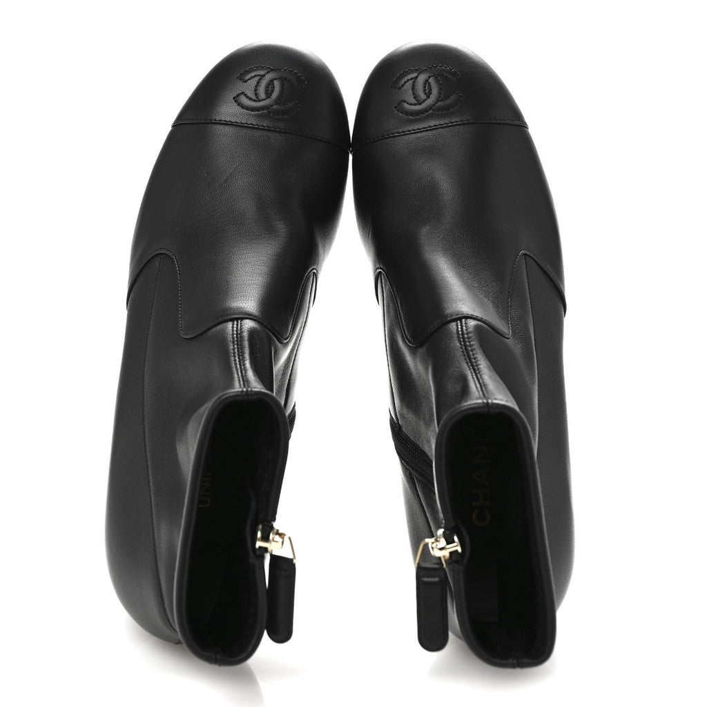 Chanel Stretch Lambskin Cap Toe CC Uniform Short Boots 37.5 Black