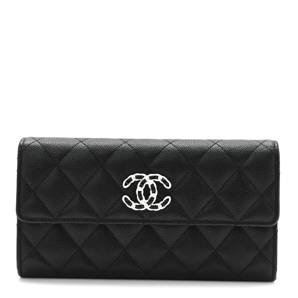 Caviar Quilted Chanel 19 Flap Wallet Black White