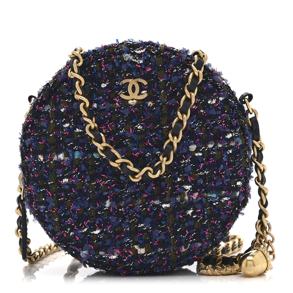 Chanel Tweed Quilted Round Clutch With Chain Multicolor