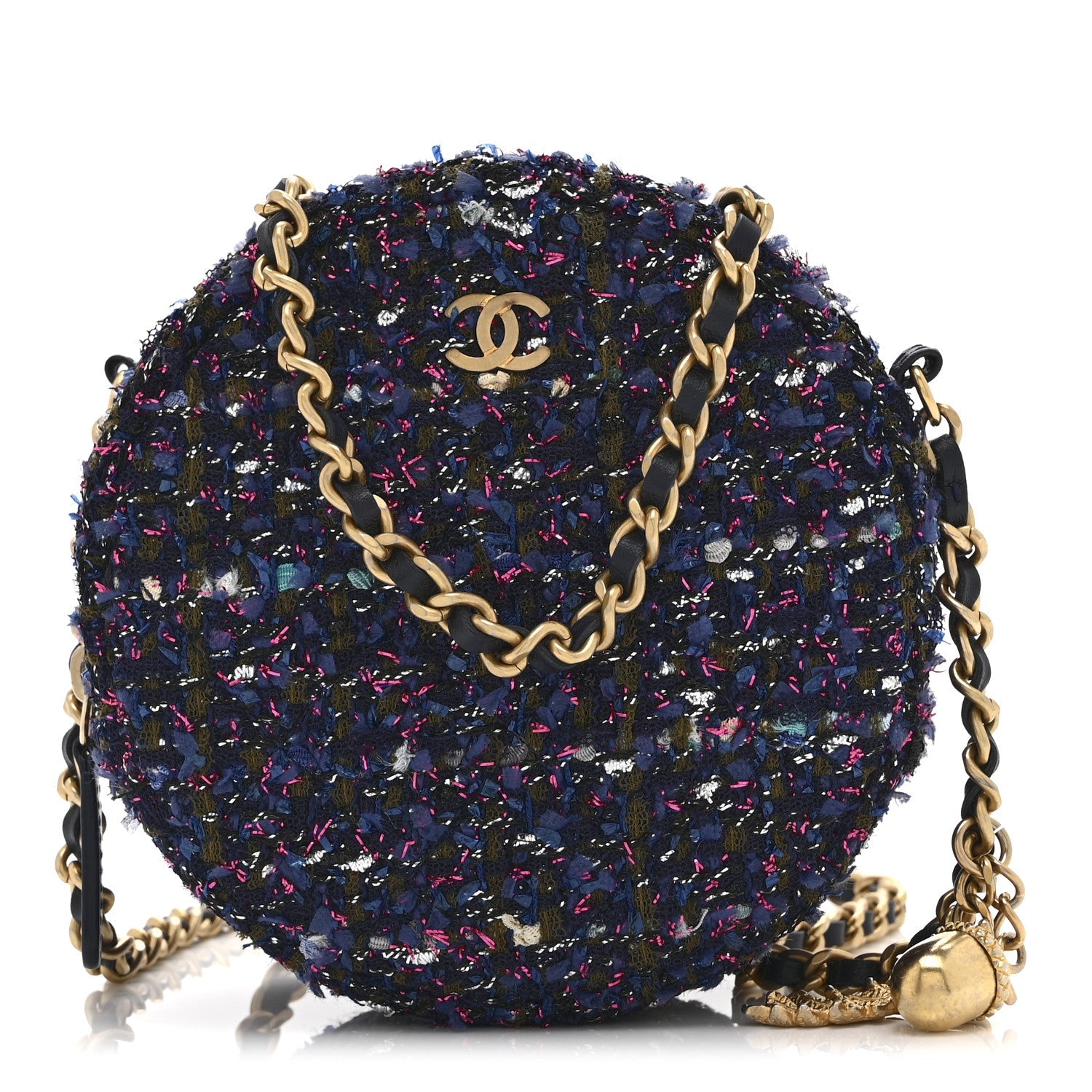 Chanel Tweed Quilted Round Clutch With Chain Multicolor