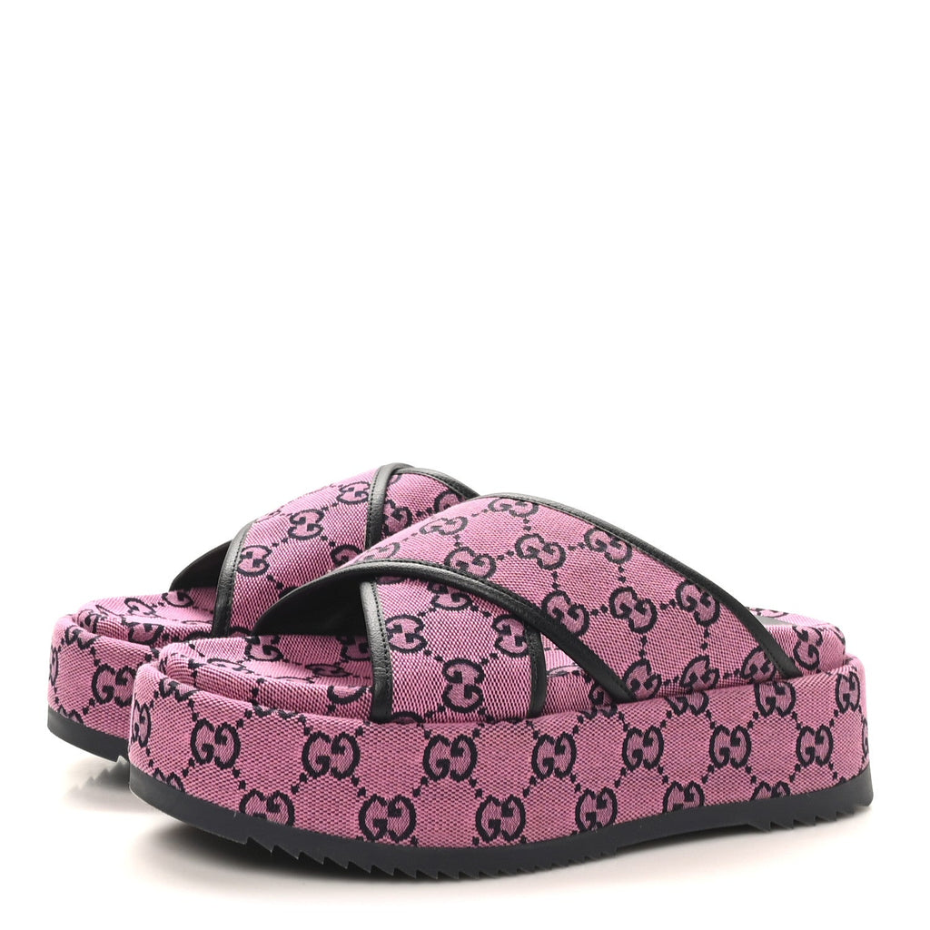 Gucci Monogram Multicolor Criss Cross Platform Slide Sandals 36.5 Pink Blue