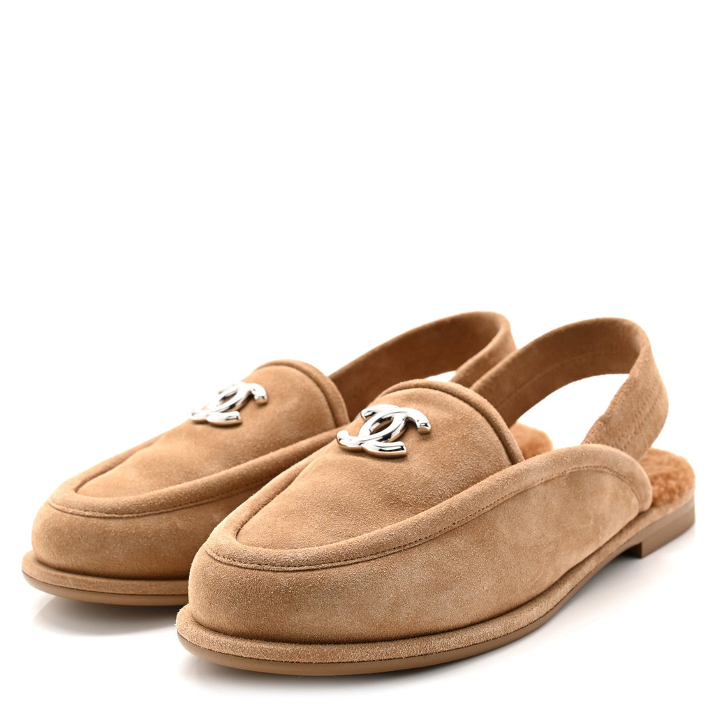 Chanel Suede Calfskin CC Slingback Loafers 36 Dark Beige