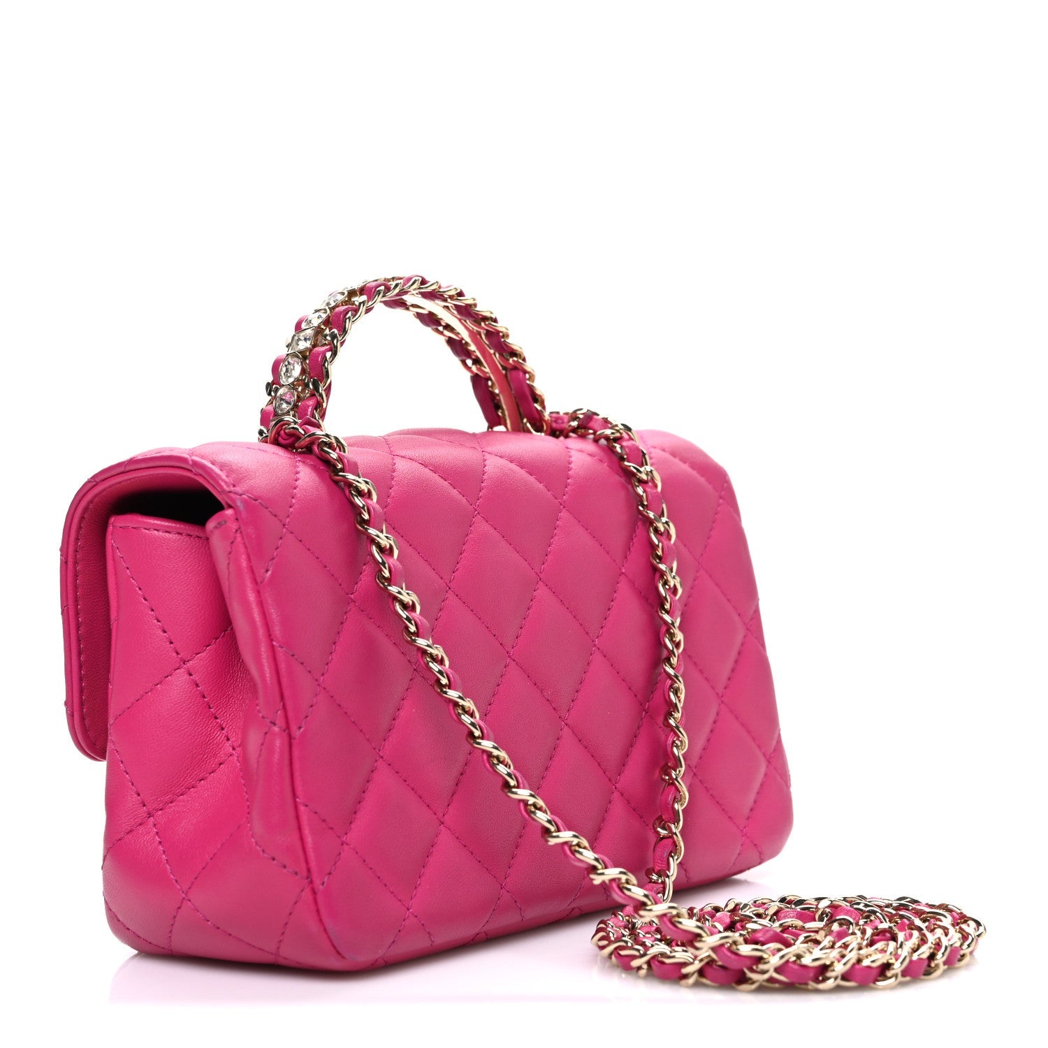 Chanel Lambskin Quilted Mini Crystal Top Handle Rectangular Flap Dark Pink