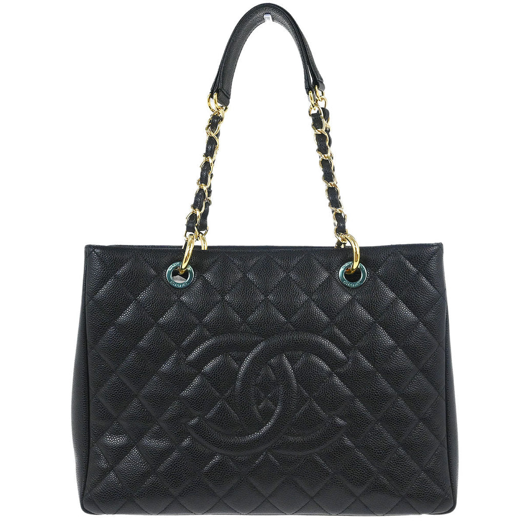 Chanel 2014 Black Caviar Grand Shopping Tote GST Chain Handbag