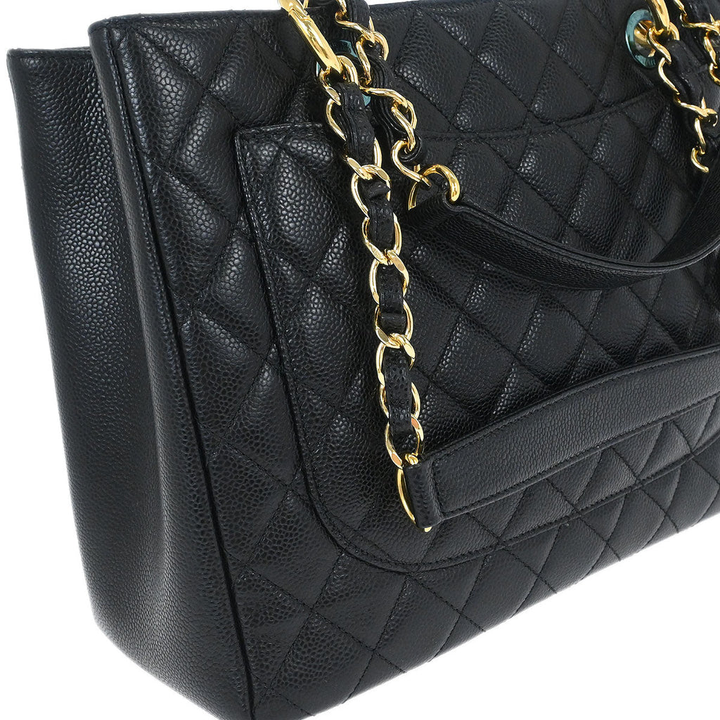 Chanel 2014 Black Caviar Grand Shopping Tote GST Chain Handbag