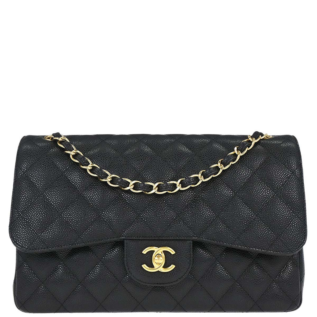 Chanel 2010-2011 Black Caviar Skin Jumbo Classic Double Flap Shoulder Bag