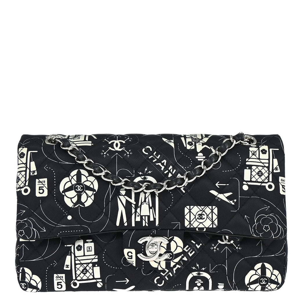 Chanel Black Satin Airline Medium Classic Double Flap Shoulder Bag