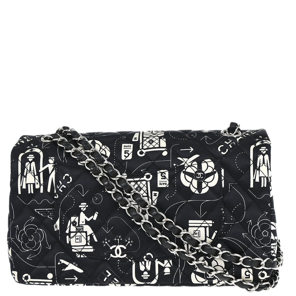 Chanel Black Satin Airline Medium Classic Double Flap Shoulder Bag