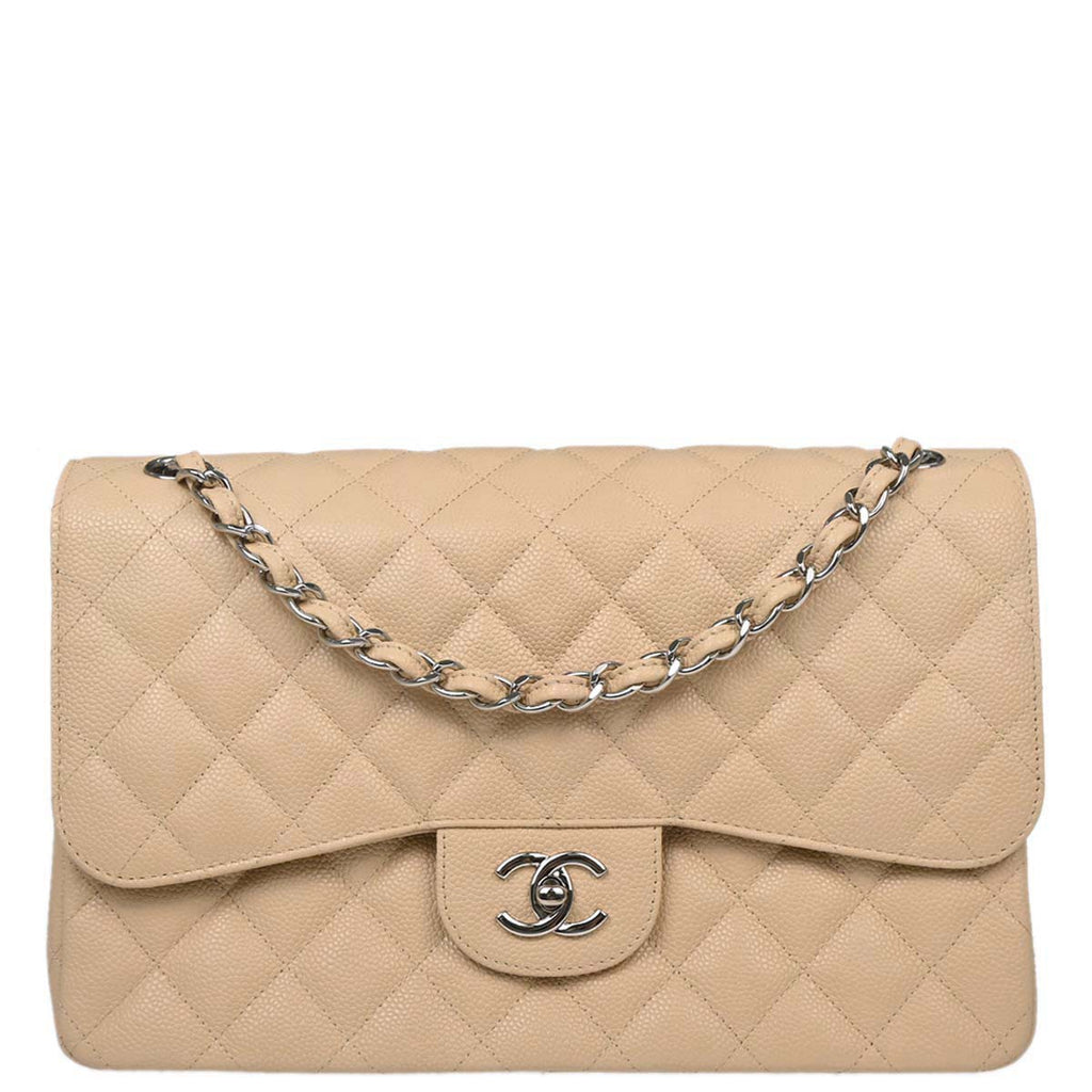 Chanel 2013-2014 Beige Caviar Jumbo Classic Double Flap Shoulder Bag