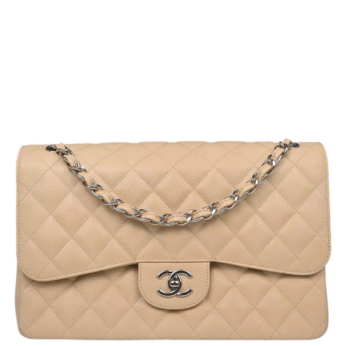 Chanel 2013-2014 Beige Caviar Jumbo Classic Double Flap Shoulder Bag