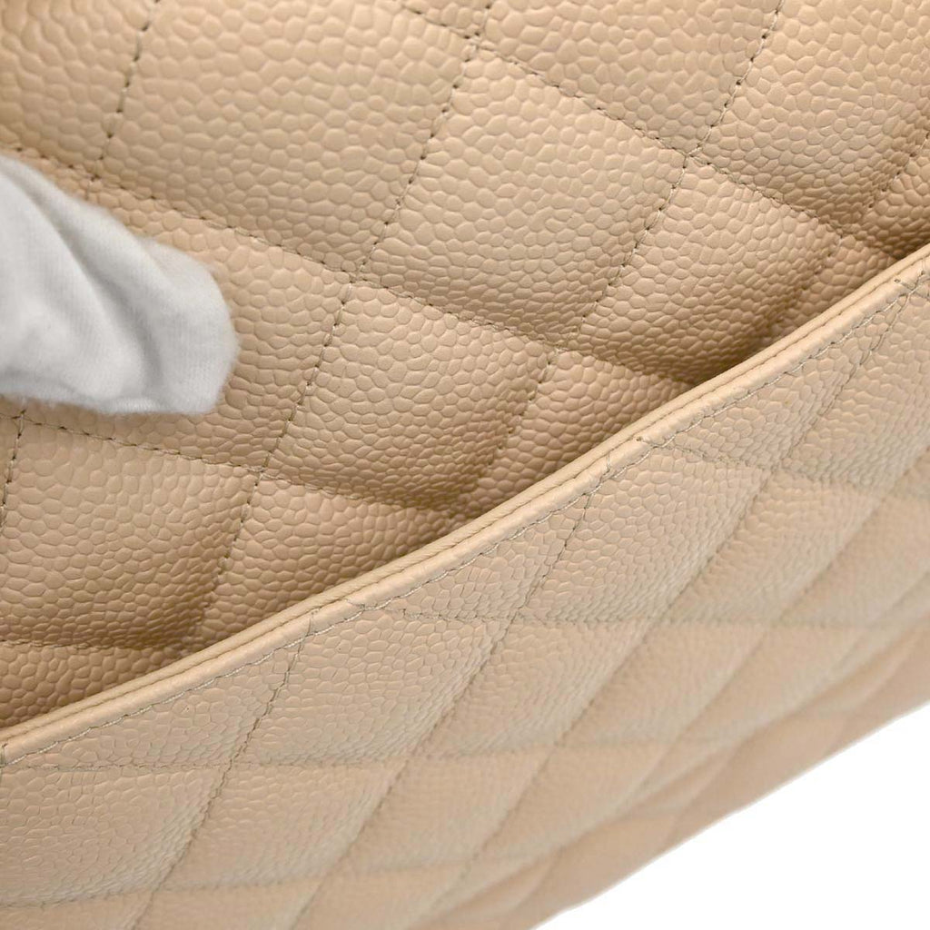 Chanel 2013-2014 Beige Caviar Jumbo Classic Double Flap Shoulder Bag