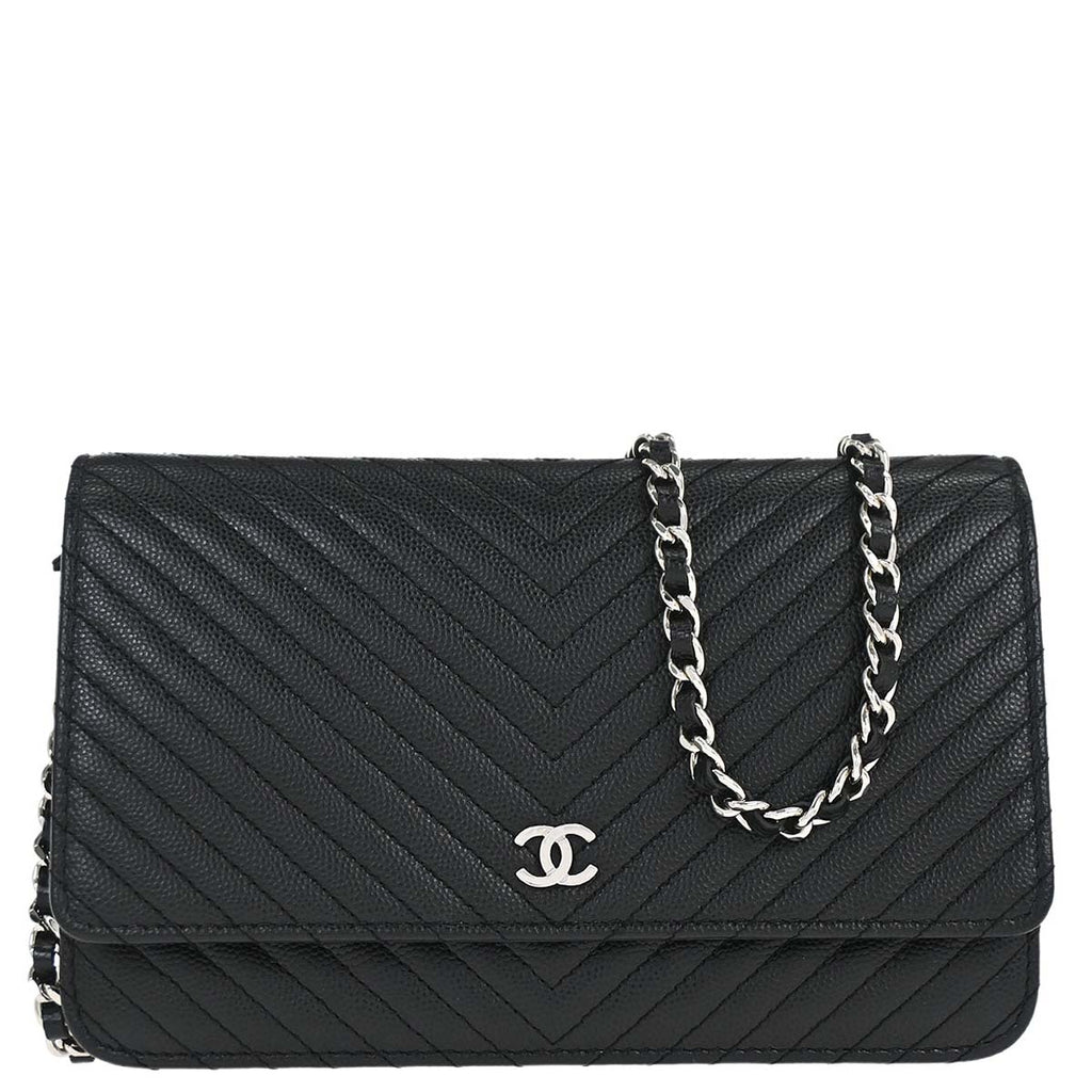 Chanel 2012 Black Caviar Skin Chevron WOC Wallet on Chain Bag