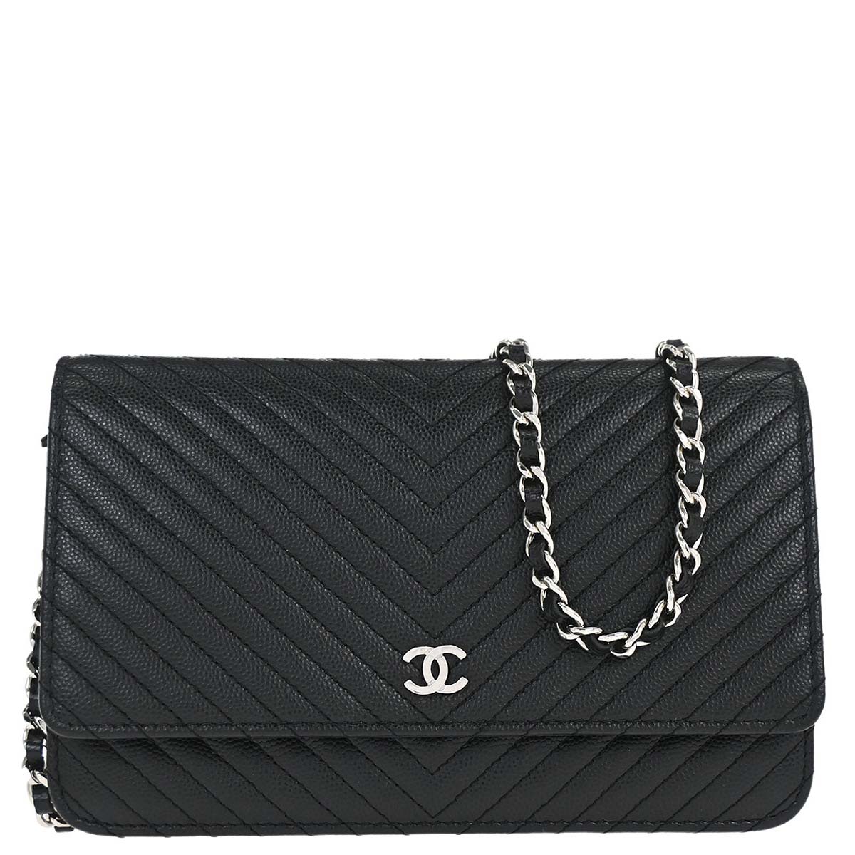Chanel 2012 Black Caviar Skin Chevron WOC Wallet on Chain Bag