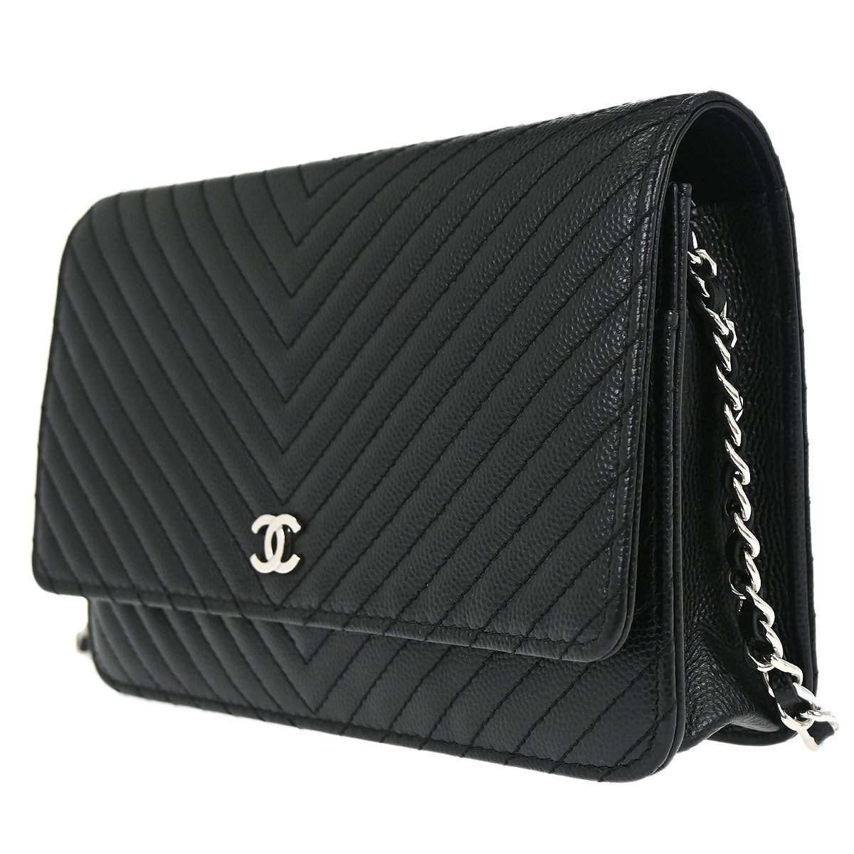 Chanel 2012 Black Caviar Skin Chevron WOC Wallet on Chain Bag