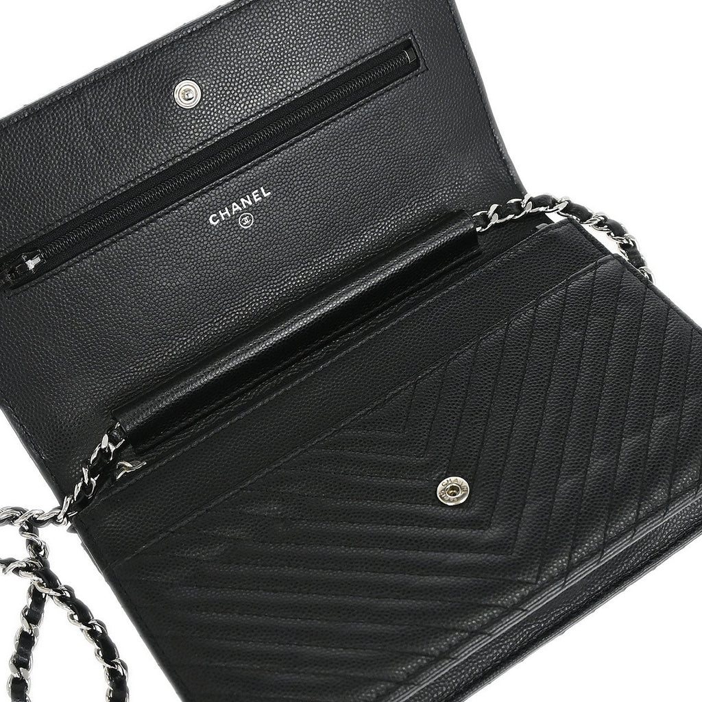 Chanel 2012 Black Caviar Skin Chevron WOC Wallet on Chain Bag