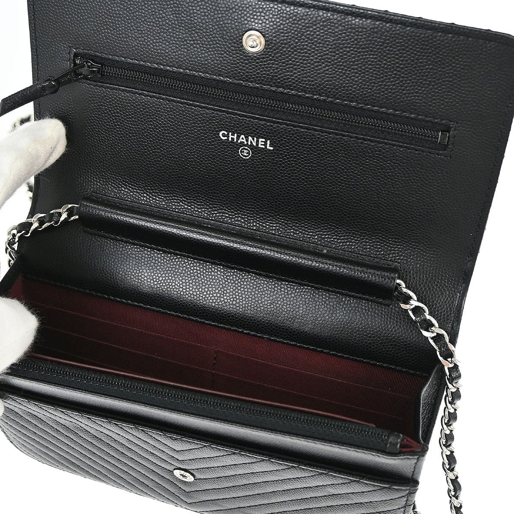 Chanel 2012 Black Caviar Skin Chevron WOC Wallet on Chain Bag