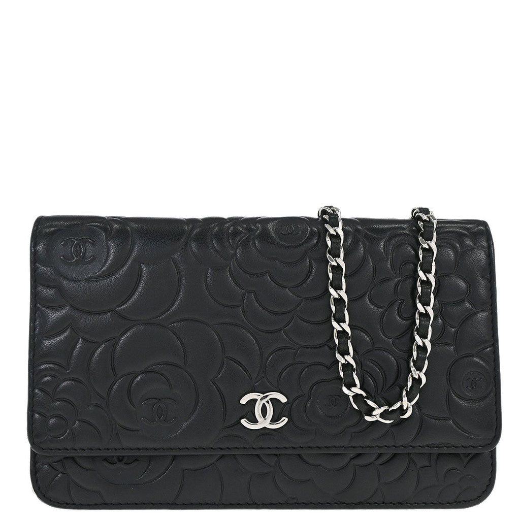 Chanel 2012 Black Lambskin Camellia WOC Wallet on Chain Bag