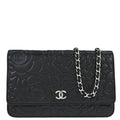 Chanel 2012 Black Lambskin Camellia WOC Wallet on Chain Bag