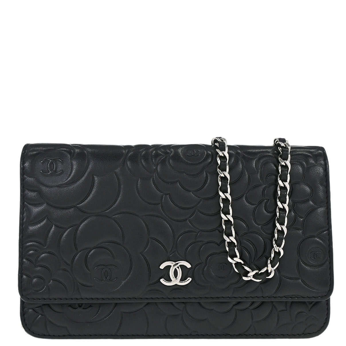 Chanel 2012 Black Lambskin Camellia WOC Wallet on Chain Bag
