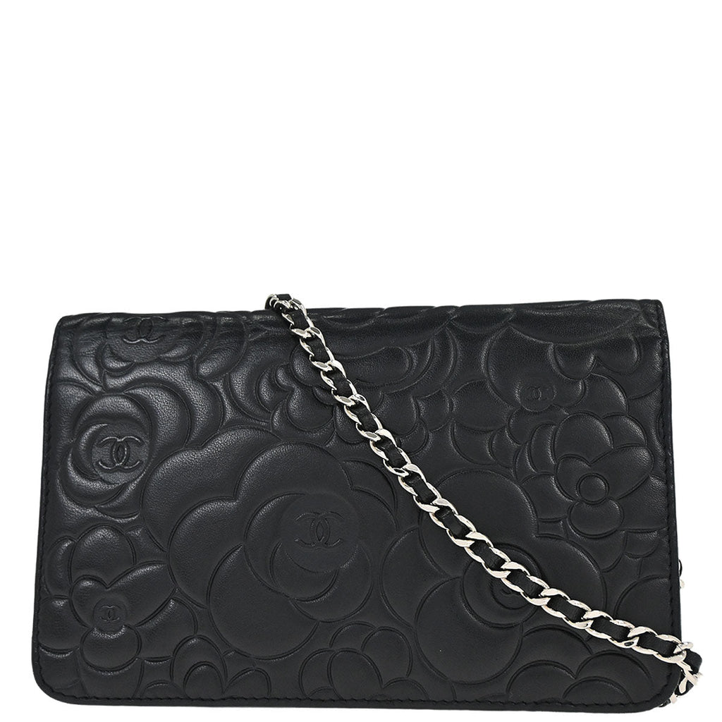 Chanel 2012 Black Lambskin Camellia WOC Wallet on Chain Bag