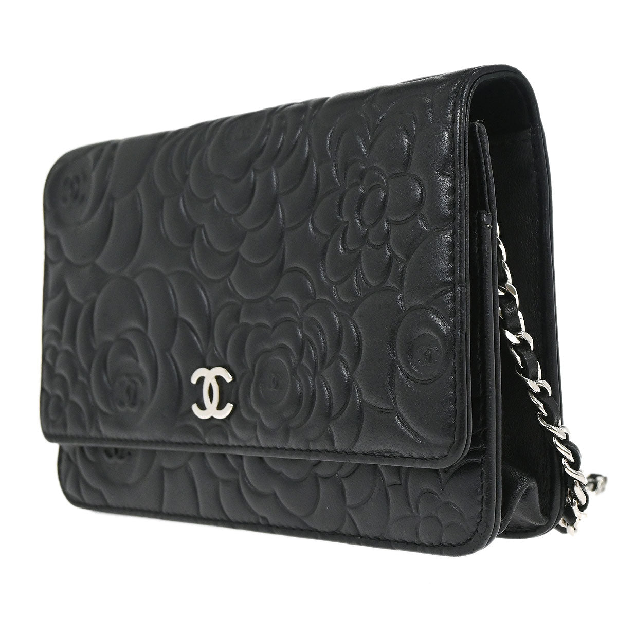 Chanel 2012 Black Lambskin Camellia WOC Wallet on Chain Bag