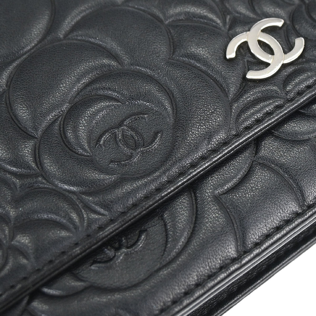 Chanel 2012 Black Lambskin Camellia WOC Wallet on Chain Bag