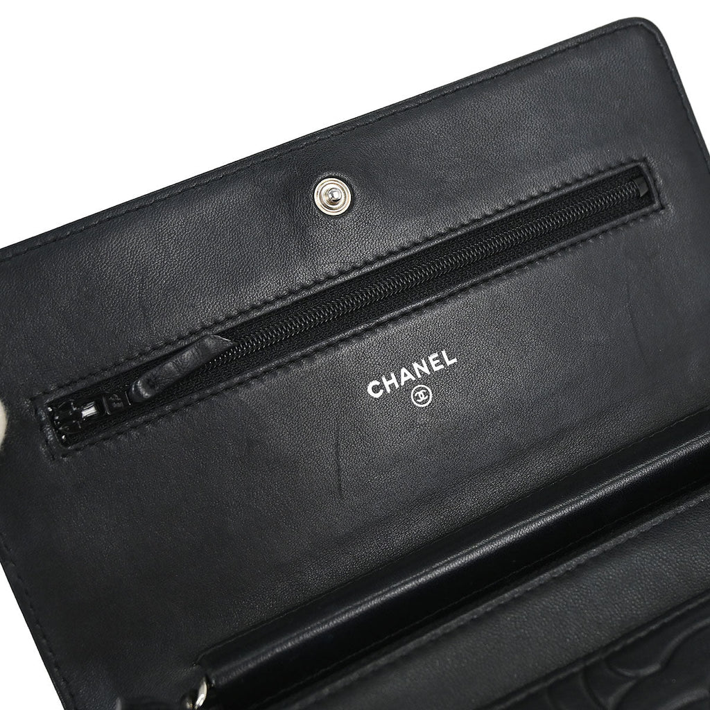 Chanel 2012 Black Lambskin Camellia WOC Wallet on Chain Bag