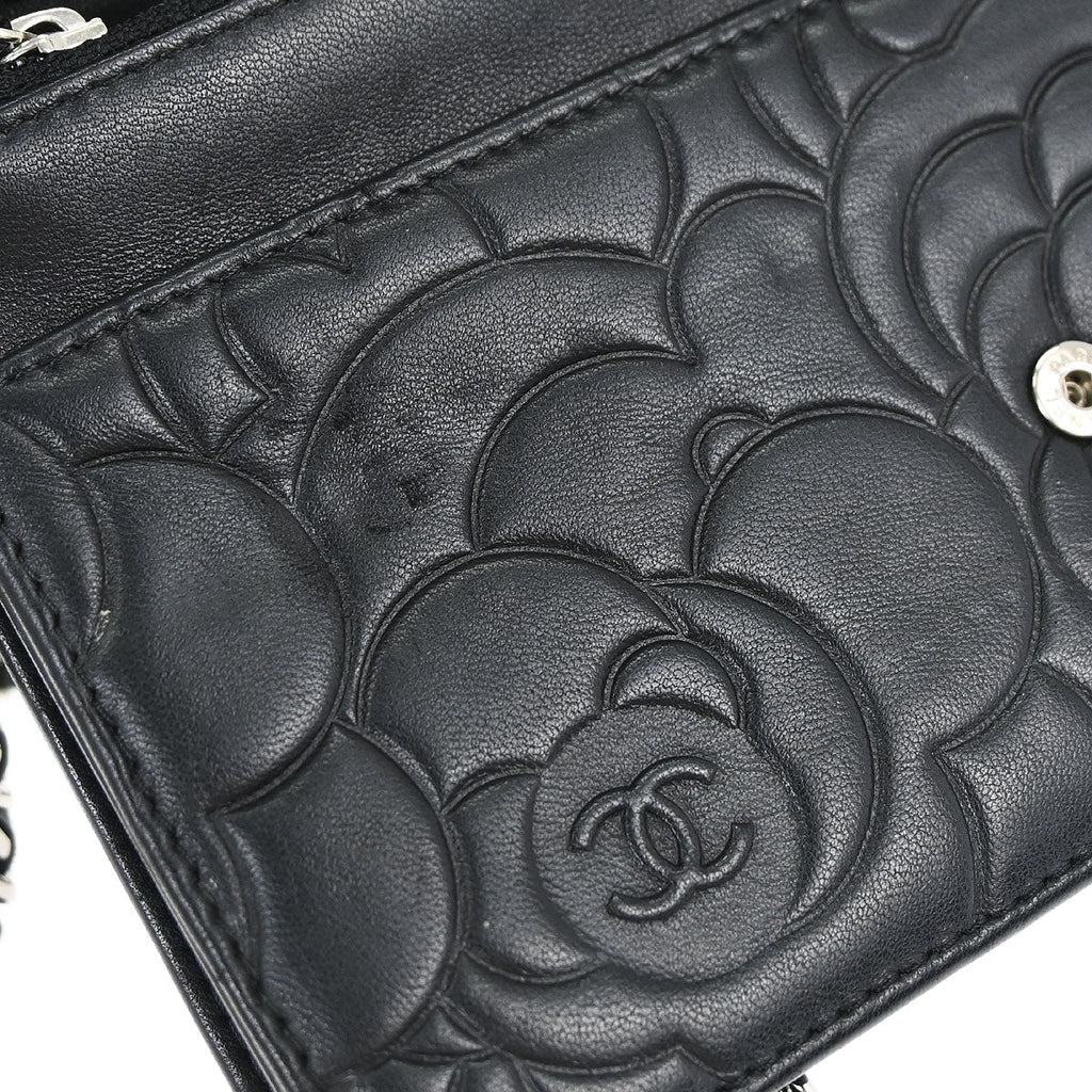 Chanel 2012 Black Lambskin Camellia WOC Wallet on Chain Bag