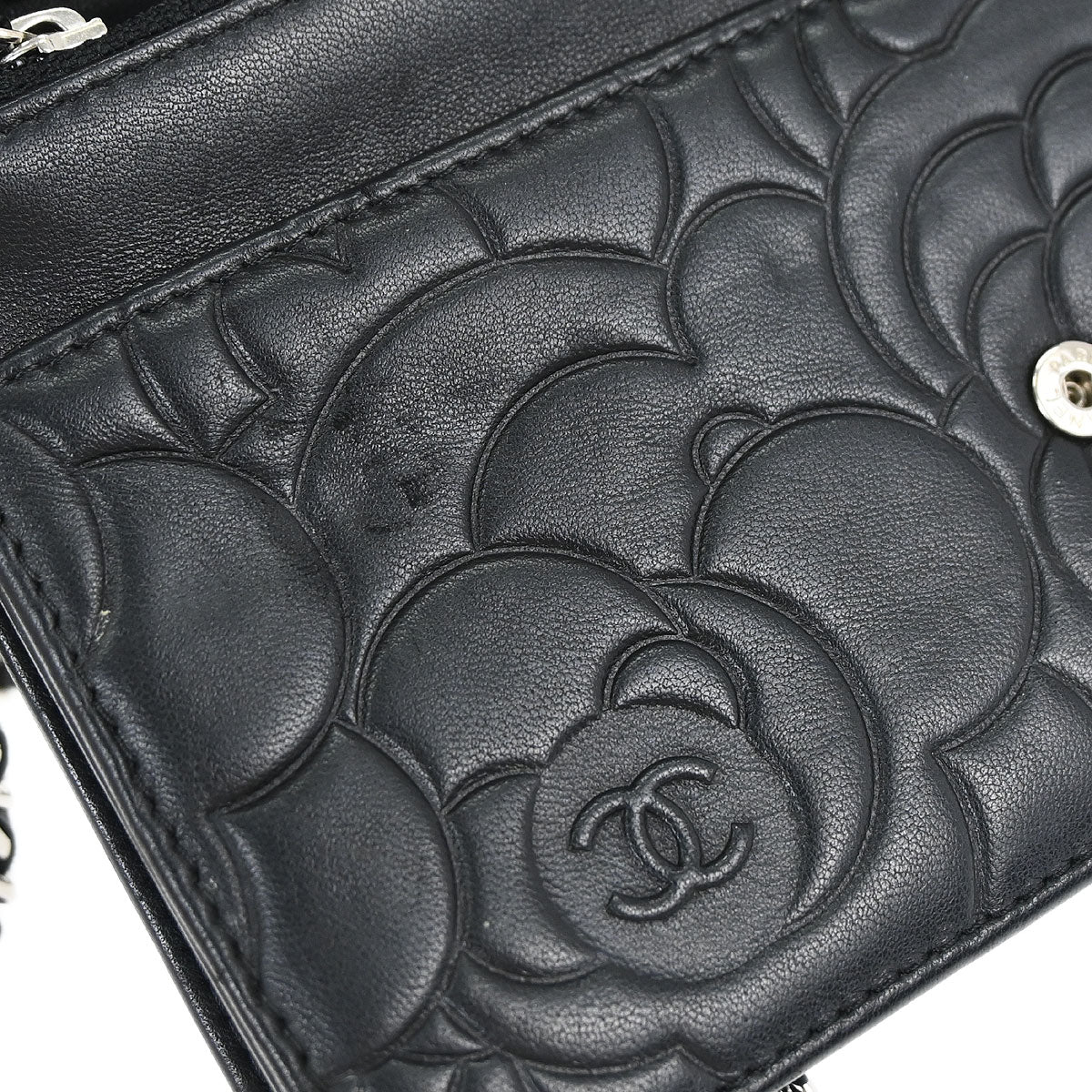 Chanel 2012 Black Lambskin Camellia WOC Wallet on Chain Bag
