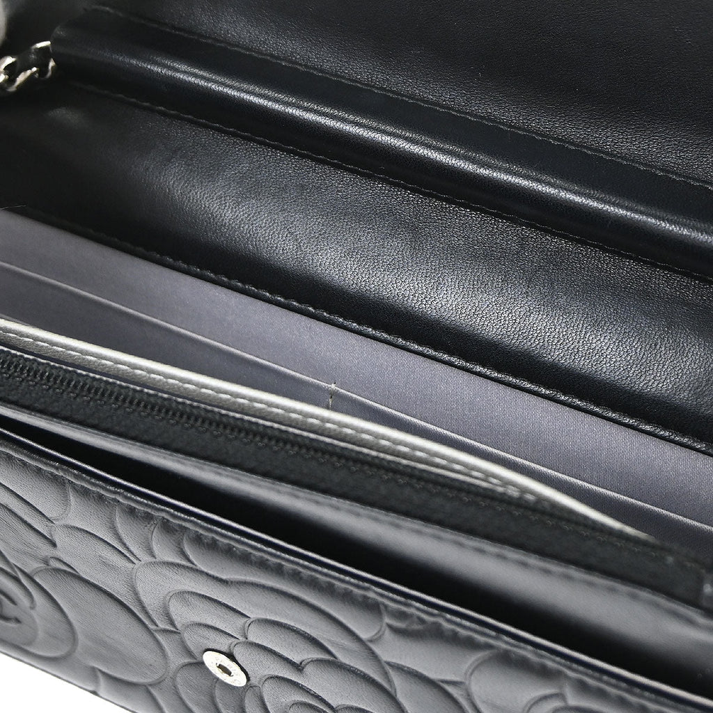 Chanel 2012 Black Lambskin Camellia WOC Wallet on Chain Bag