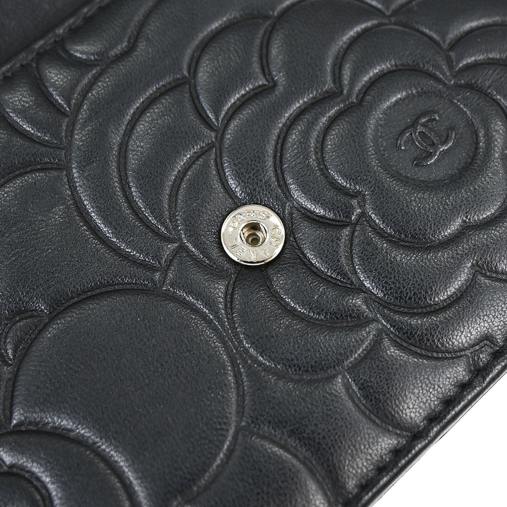 Chanel 2012 Black Lambskin Camellia WOC Wallet on Chain Bag