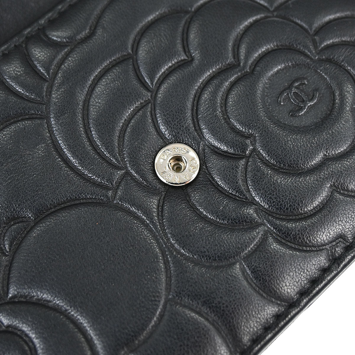 Chanel 2012 Black Lambskin Camellia WOC Wallet on Chain Bag